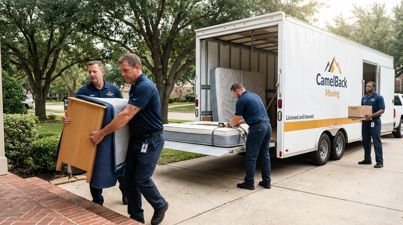 Crew loading residential truck for cross-state move from Rogers, AR
