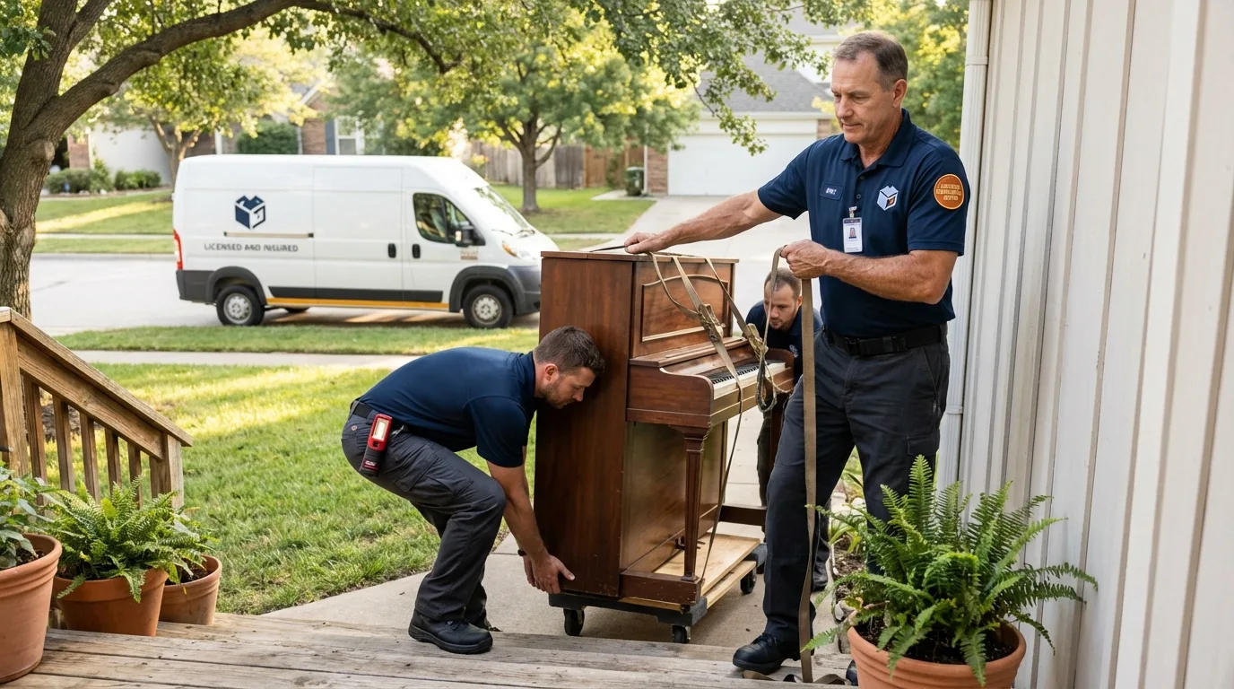 Licensed piano movers securing grand piano in Rogers, AR