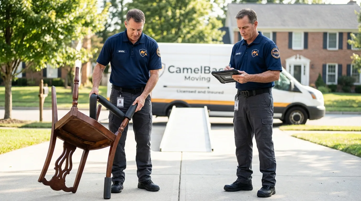 Movers inspecting furniture for damage prevention before loading in Rogers, AR