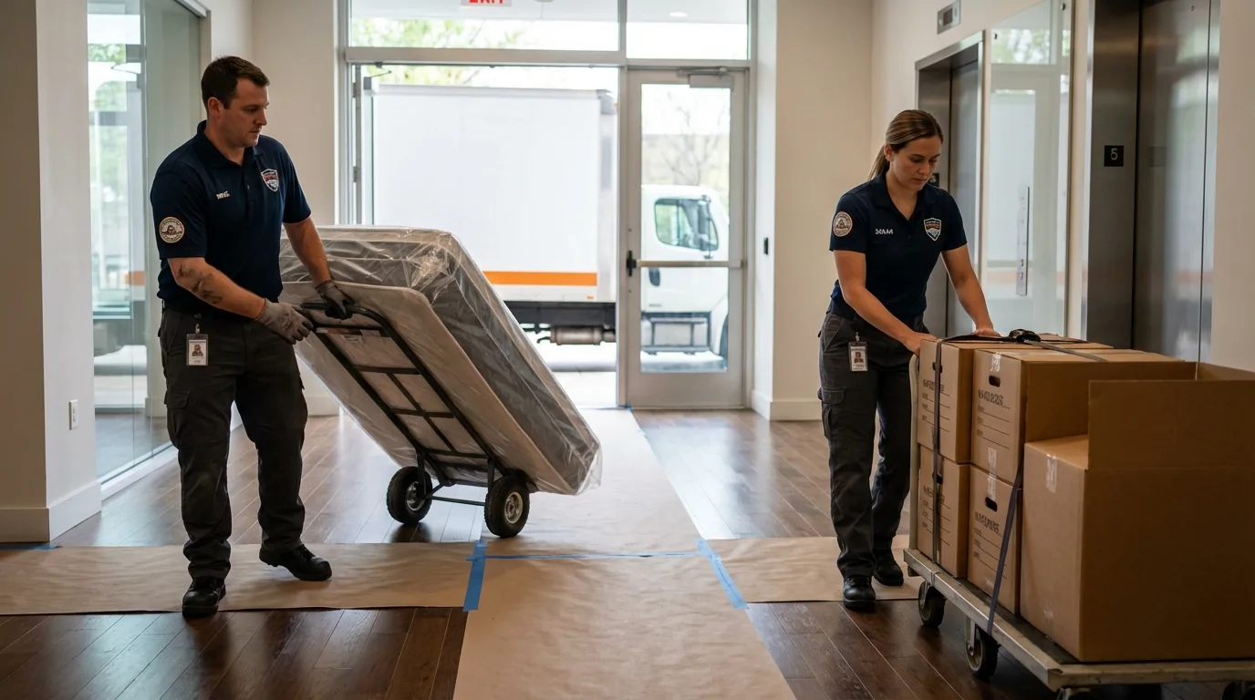Professional apartment movers loading elevator in Rogers, AR